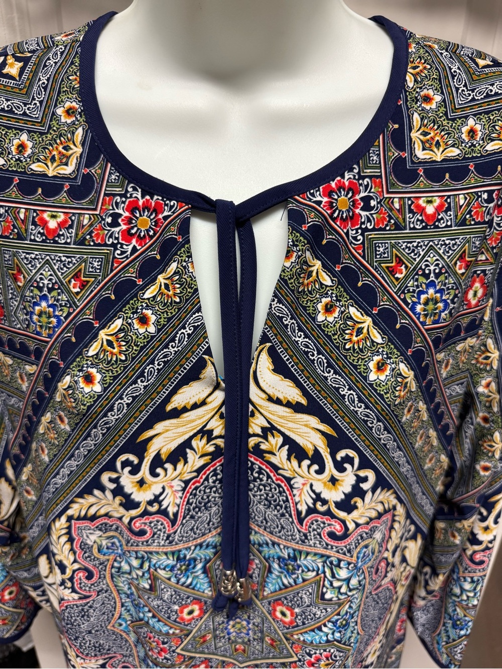 Westport 1962 Women’s Size 12 Navy Paisley Stretch Knit Dress Boho TasselTie Y2K